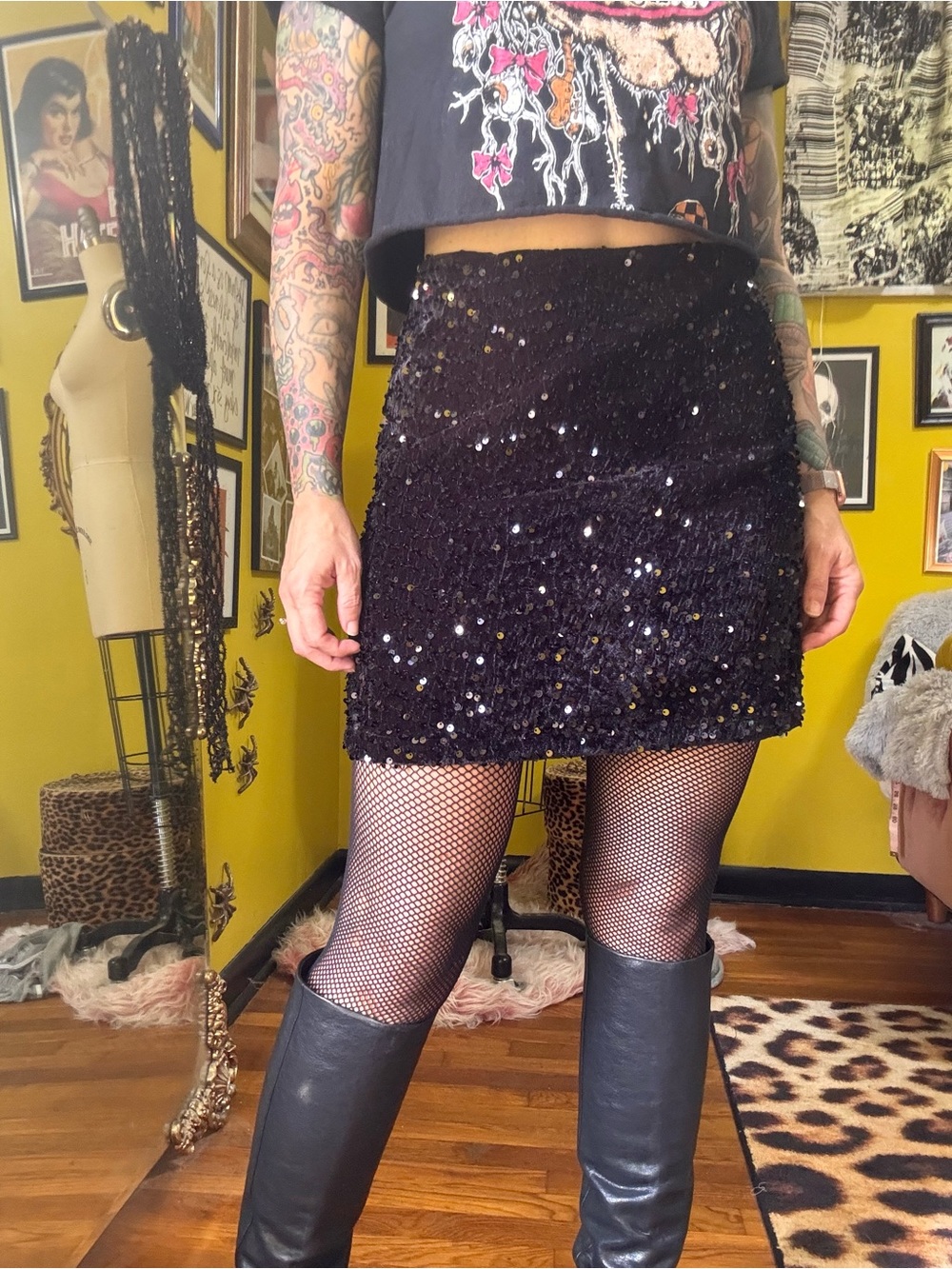 Black Sequin Velvet Mini Skirt Shorts Skort